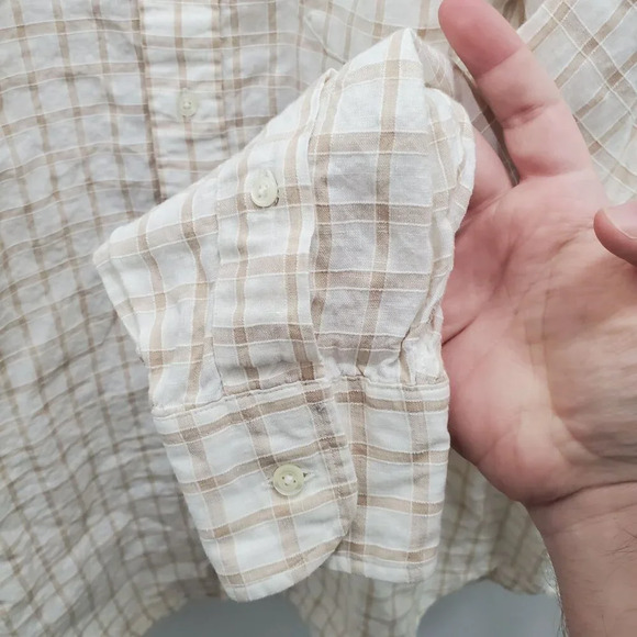 Bullock & Jones Mens White Tan Gingham 100% Linen Long Sleeve Button Up Shirt XL - Picture 2 of 6